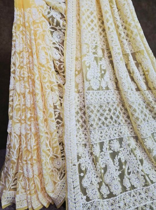 Pollen Yellow Chiffon Saree with Full Jaal Chikankari