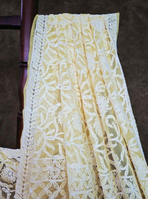 Pollen Yellow Chiffon Saree with Full Jaal Chikankari
