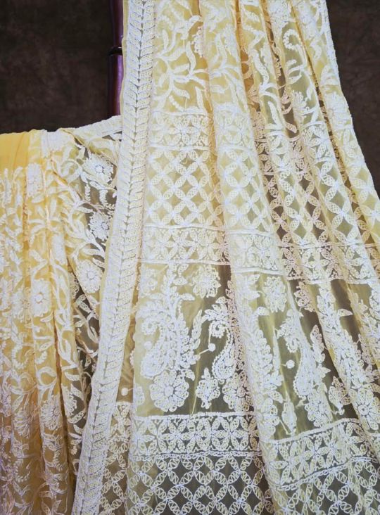 Pollen Yellow Chiffon Saree with Full Jaal Chikankari