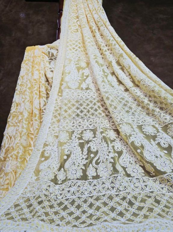 Pollen Yellow Chiffon Saree with Full Jaal Chikankari