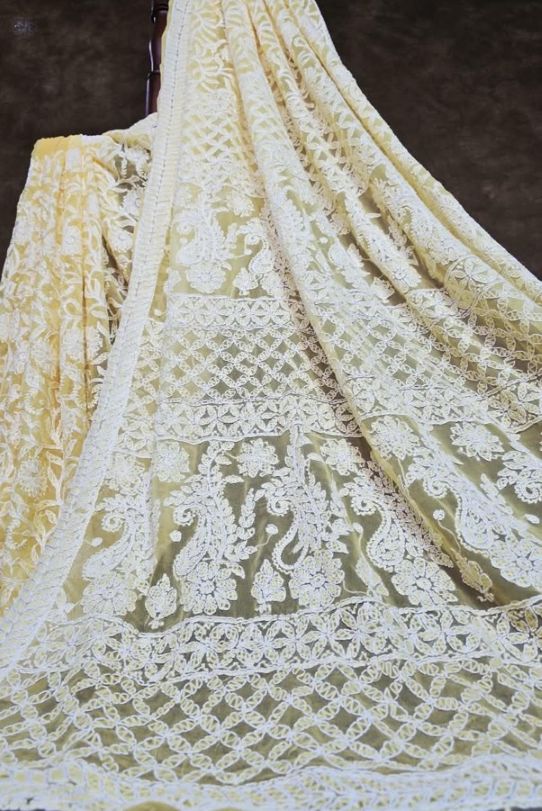 Pollen Yellow Chiffon Saree with Full Jaal Chikankari