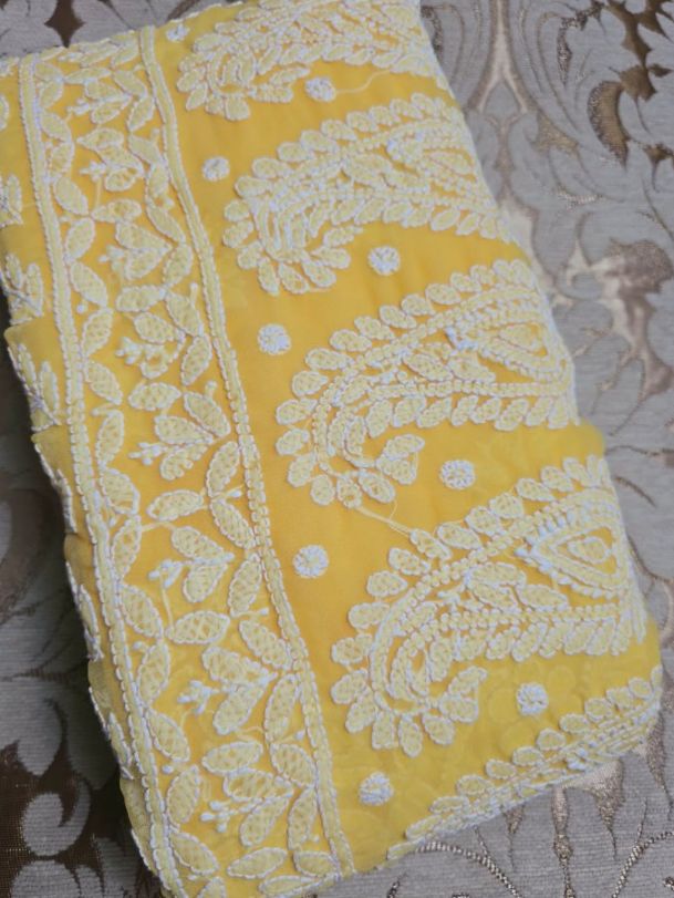 Buttercream Yellow Chiffon Handcrafted Chikankari Saree