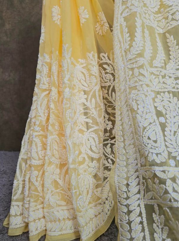 Buttercream Yellow Chiffon Handcrafted Chikankari Saree