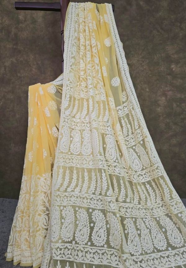 Buttercream Yellow Chiffon Handcrafted Chikankari Saree