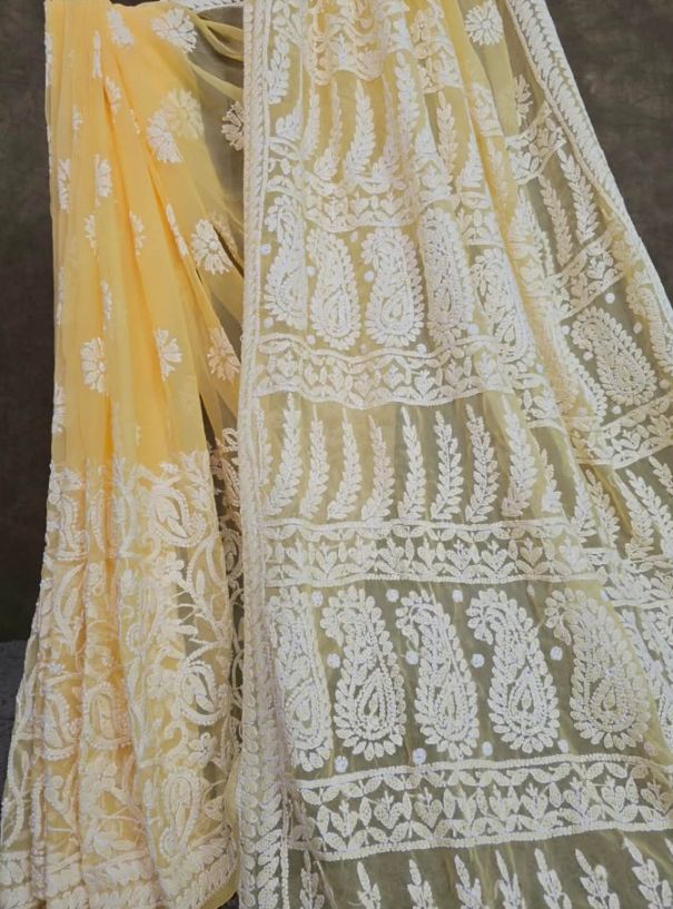 Buttercream Yellow Chiffon Handcrafted Chikankari Saree