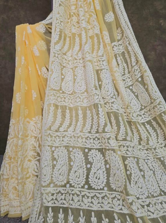Buttercream Yellow Chiffon Handcrafted Chikankari Saree
