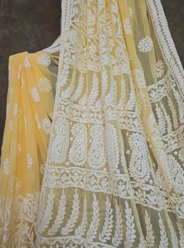 Buttercream Yellow Chiffon Handcrafted Chikankari Saree