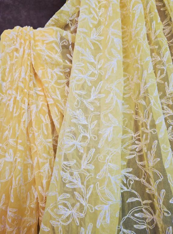 Canary Yellow Chiffon Tepchi Chikankari Saree
