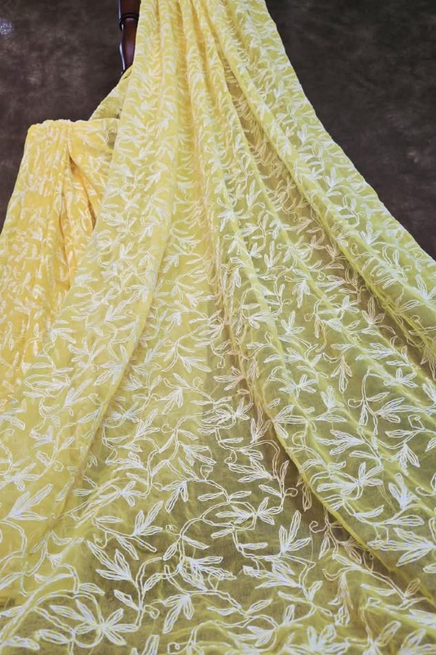 Canary Yellow Chiffon Tepchi Chikankari Saree