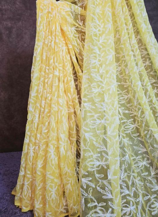 Canary Yellow Chiffon Tepchi Chikankari Saree