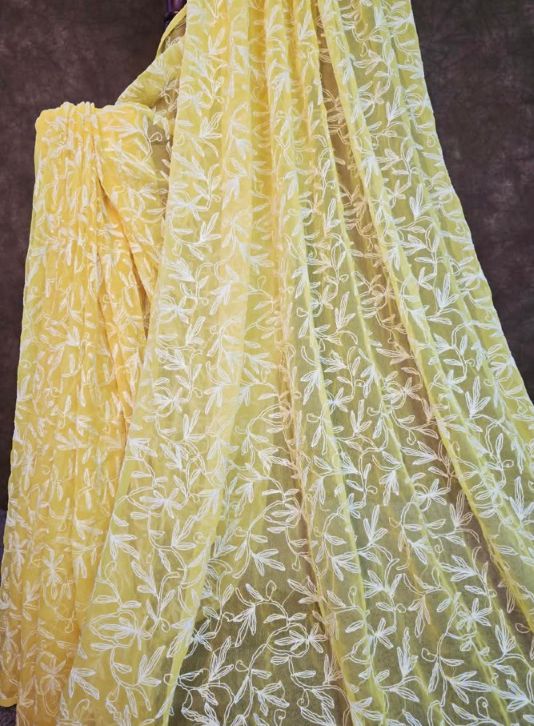 Canary Yellow Chiffon Tepchi Chikankari Saree