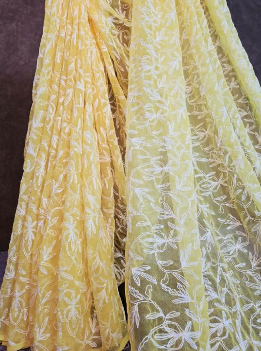 Canary Yellow Chiffon Tepchi Chikankari Saree