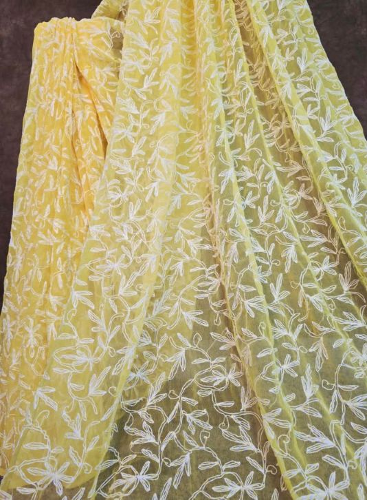 Canary Yellow Chiffon Tepchi Chikankari Saree