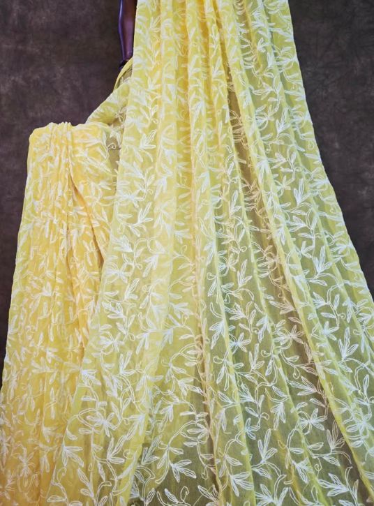 Canary Yellow Chiffon Tepchi Chikankari Saree