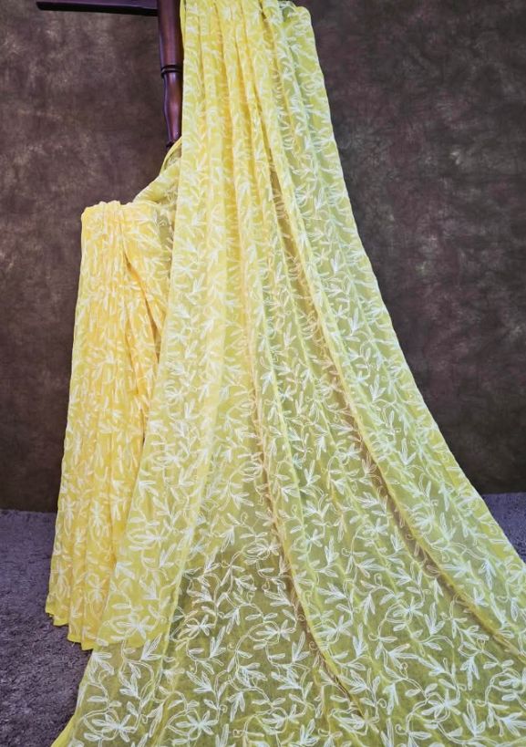 Canary Yellow Chiffon Tepchi Chikankari Saree