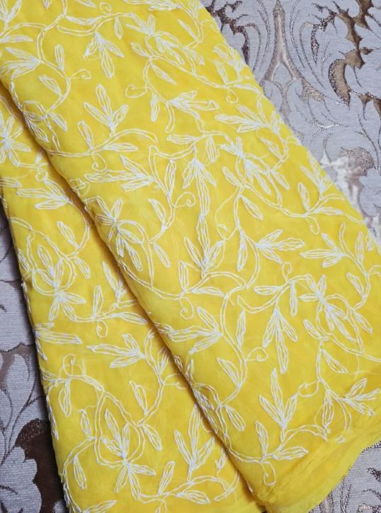 Canary Yellow Chiffon Tepchi Chikankari Saree