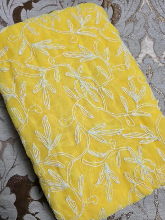 Canary Yellow Chiffon Tepchi Chikankari Saree