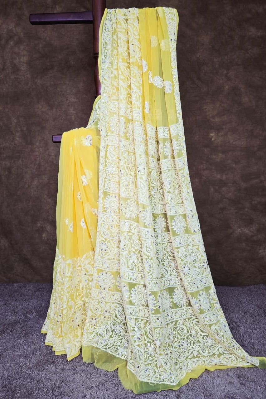 Yellow Chiffon Chikankari Saree