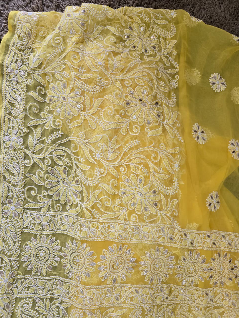 Yellow Chiffon Chikankari Saree - Detailed Design