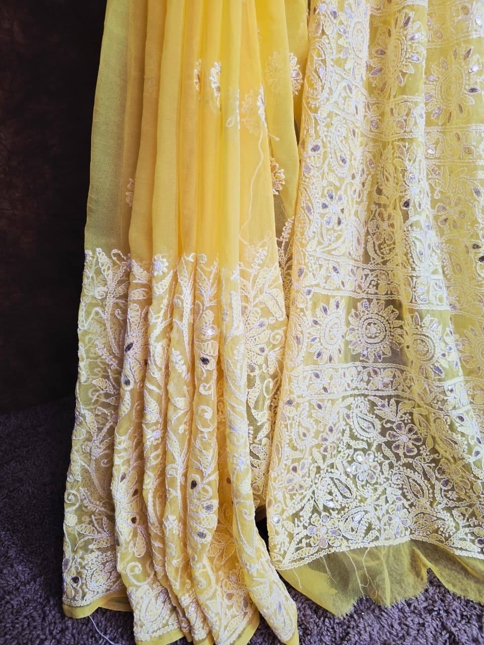 Beautiful Designed Pleats Yellow Saree