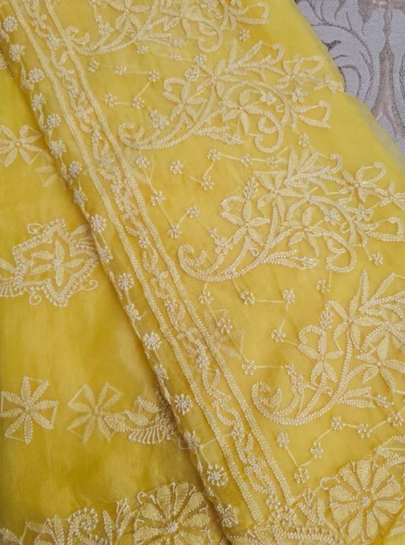 Soft Marigold Yellow Organza Chikankari Saree with Resham Thread work