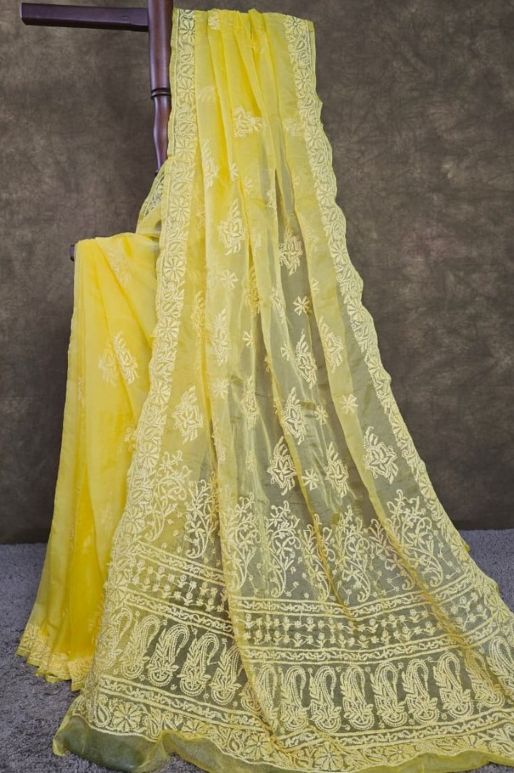 Soft Marigold Yellow Organza Chikankari Saree with Resham Thread work
