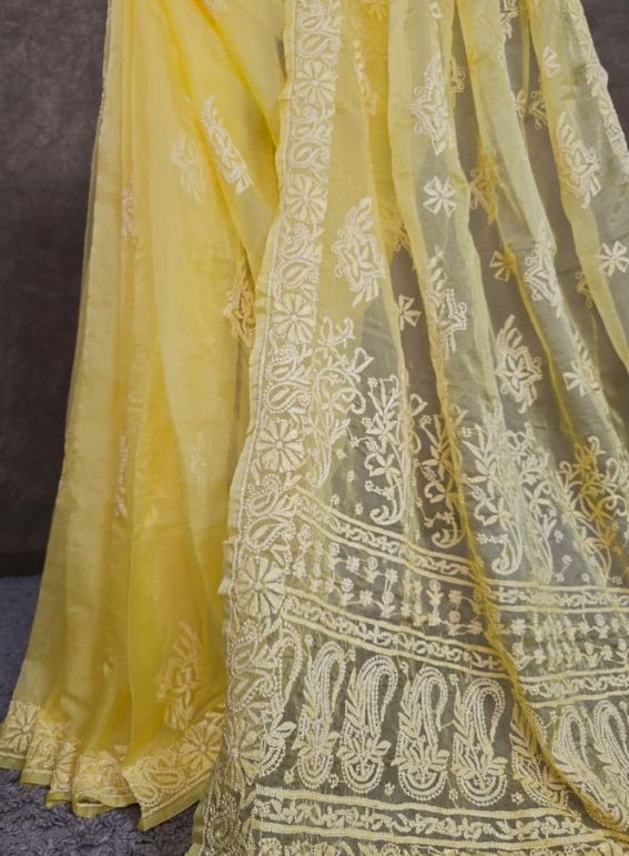 Soft Marigold Yellow Organza Chikankari Saree with Resham Thread work