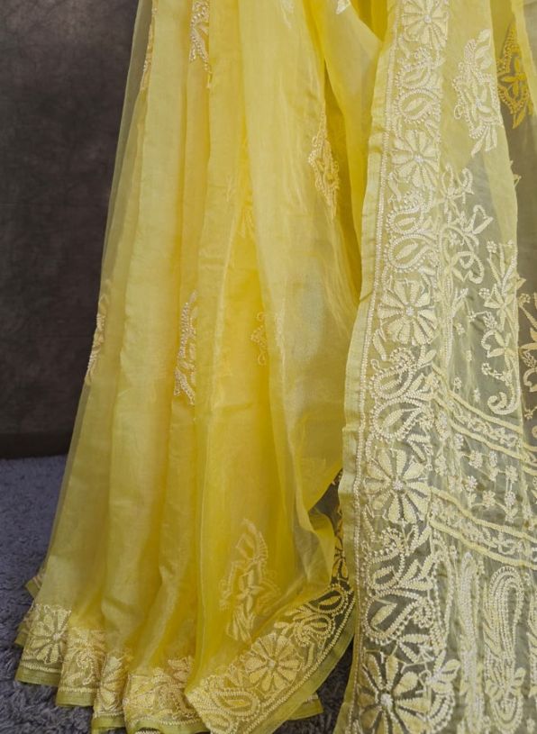 Soft Marigold Yellow Organza Chikankari Saree with Resham Thread work
