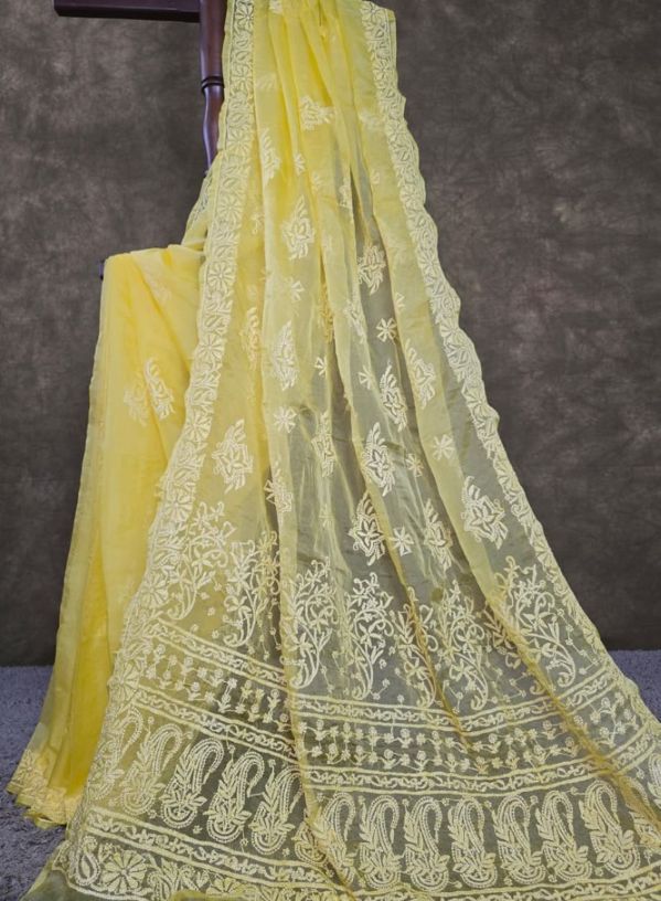 Soft Marigold Yellow Organza Chikankari Saree with Resham Thread work