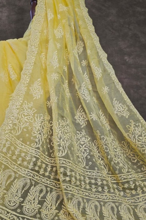 Soft Marigold Yellow Organza Chikankari Saree with Resham Thread work
