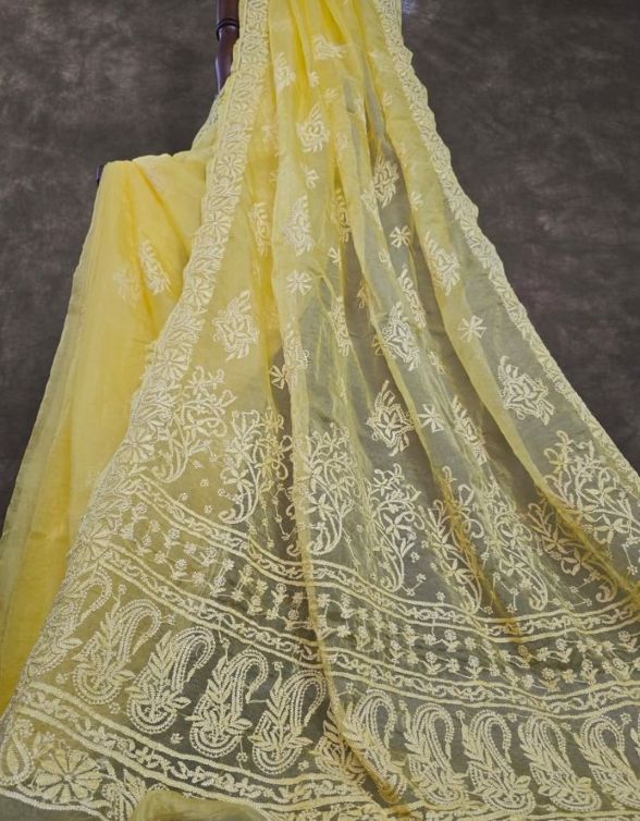 Soft Marigold Yellow Organza Chikankari Saree with Resham Thread work