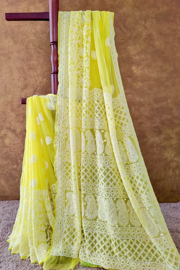 Yellow Chiffon Chikankari Saree | Hastweave