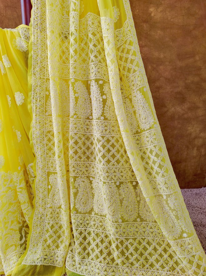 Yellow Chiffon Authentic Chikankari Saree | Hastweave