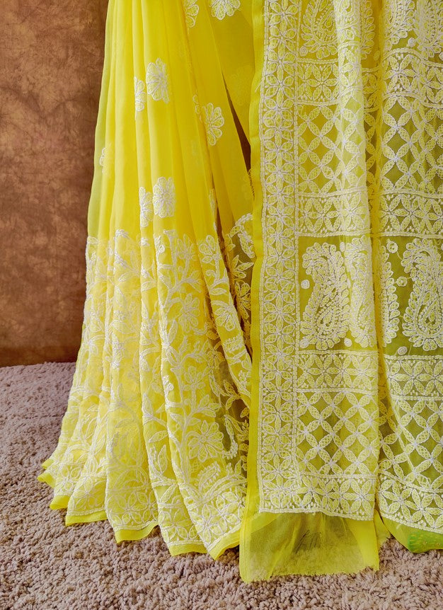 Beautiful Yellow Chiffon Chikankari Saree | Hastweave
