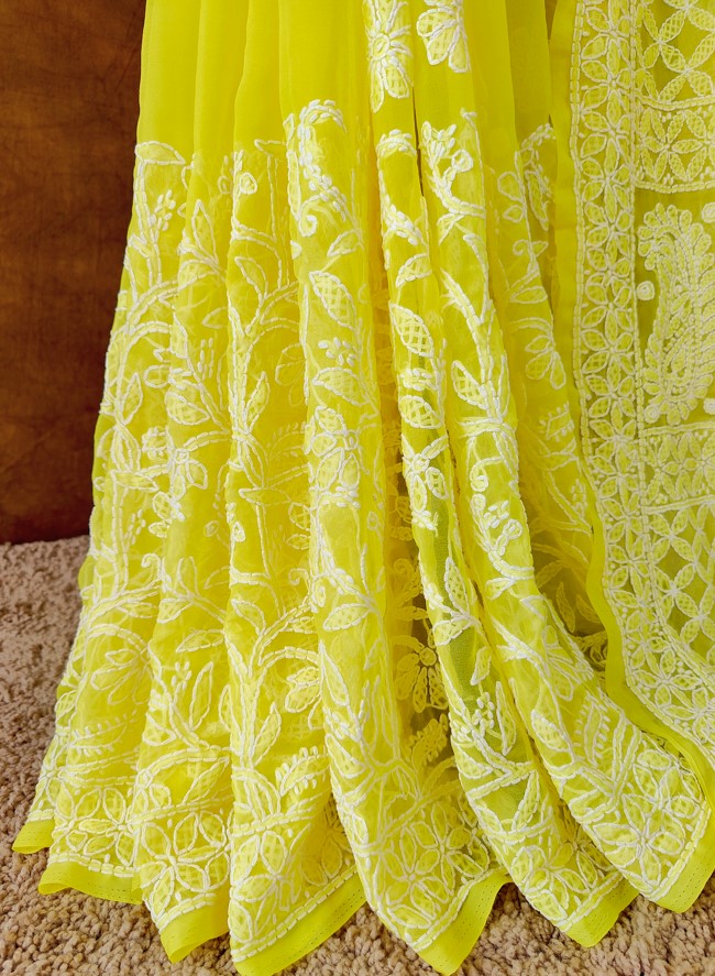 Yellow Chiffon Chikankari Saree - Pleats | Hastweave
