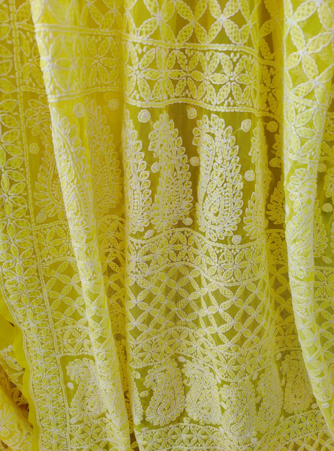 Yellow Chiffon  Handmade Chikankari Saree | Hastweave