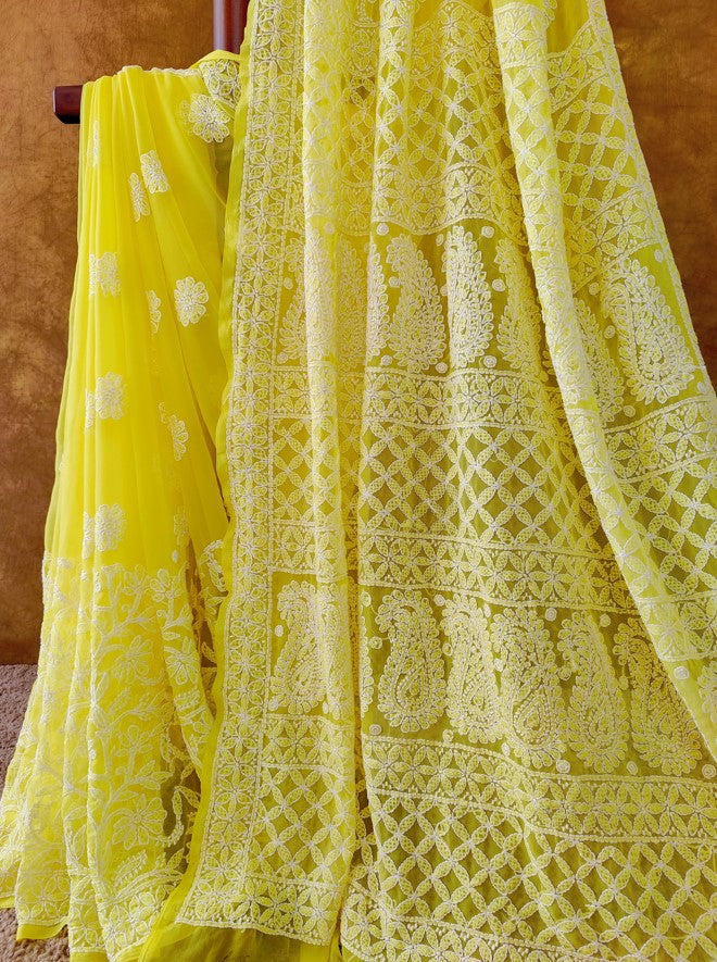 Yellow Chiffon Chikankari Saree for Haldi function | Hastweave
