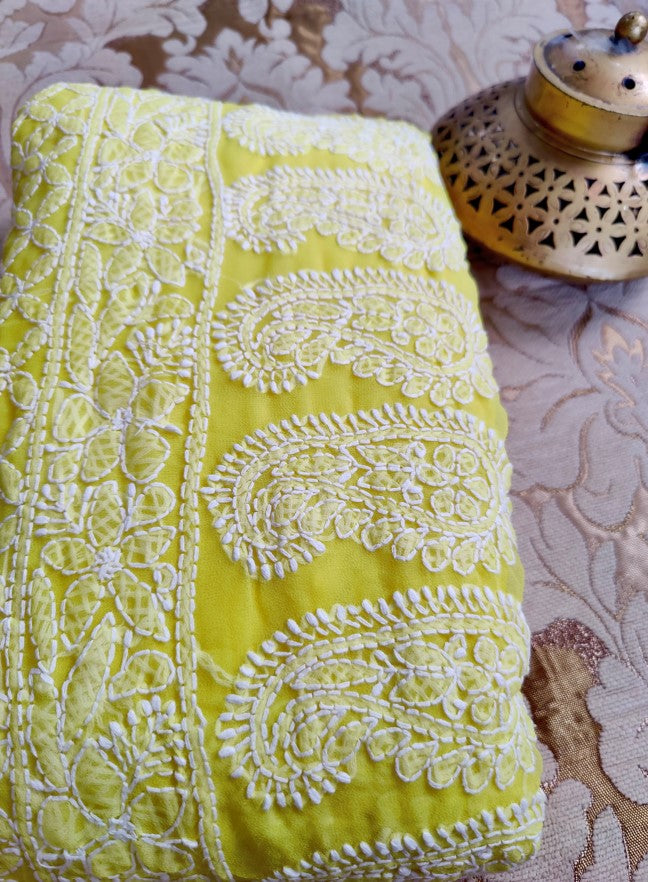 Yellow Chiffon Original Chikankari Saree | Hastweave