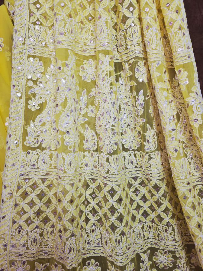 Yellow Chiffon Handcrafted Chikankari Saree with Gota Patti Work