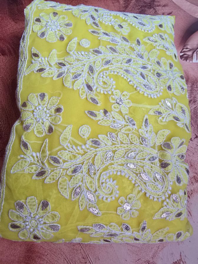 Handcrafted Yellow Chiffon Chikankari Saree Gota Patti Work