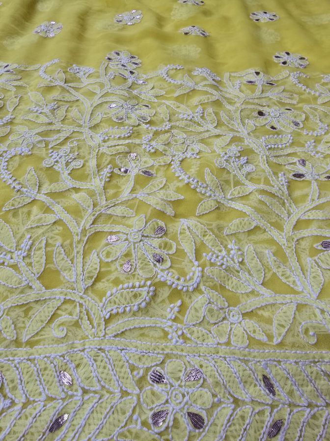 Yellow Chiffon Handmade Chikankari Saree Gota Patti Work