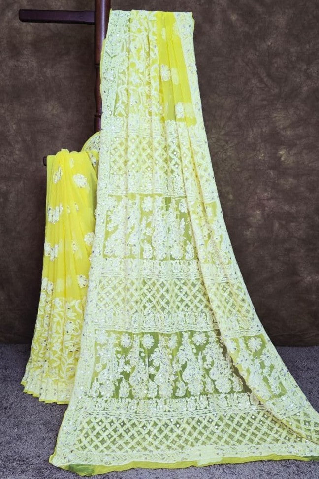 Yellow Chiffon Chikankari Saree Gota Patti Work
