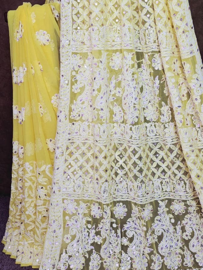 Fresh Yellow Chiffon Chikankari Saree Gota Patti Work