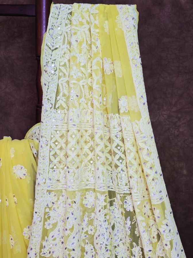 Yellow Chiffon Chikankari Saree with Gota Patti Work