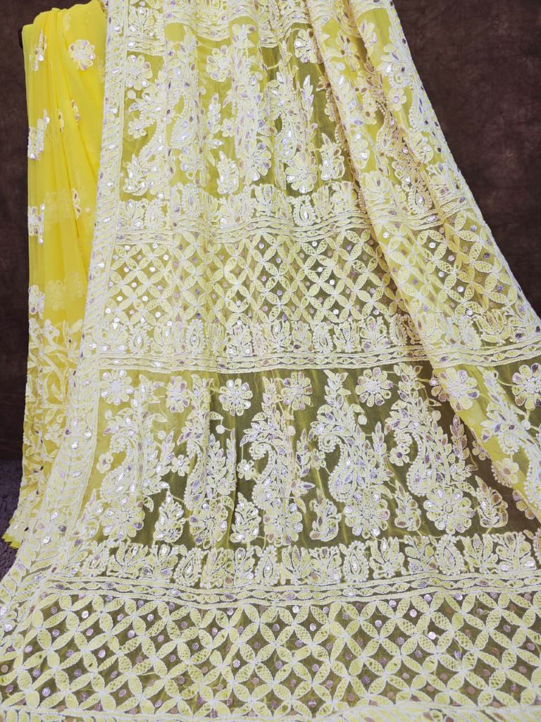 Yellow Chiffon Chikankari Saree Gota Patti Work Pallu