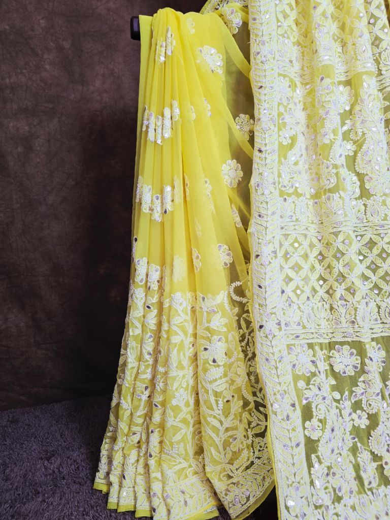 Fresh Yellow Chiffon Handcrafted Chikankari Saree Gota Patti Work
