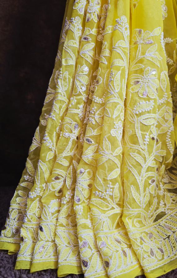 Yellow Chiffon Chikankari Saree Gota Patti Work Pleats