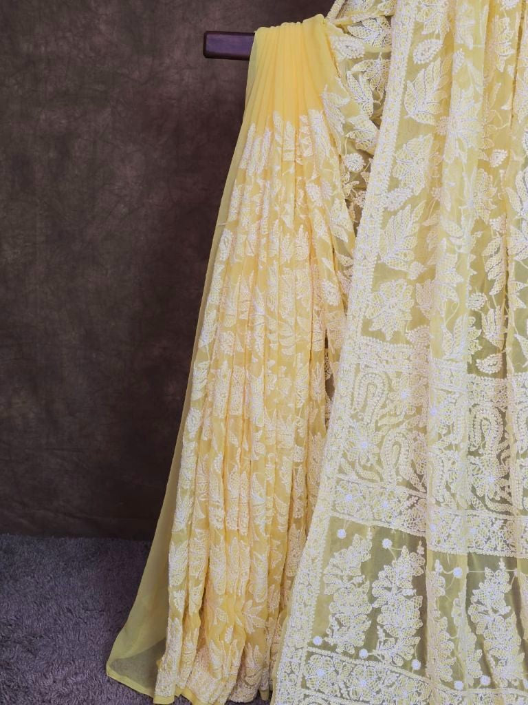 Sunlit Petal — Full-Jaal Chikankari Chiffon Saree