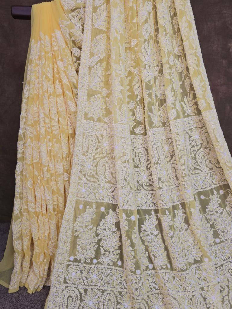 Sunlit Petal — Full-Jaal Chikankari Chiffon Saree