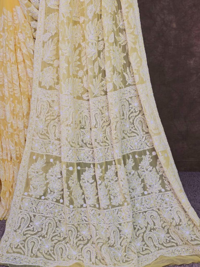 Sunlit Petal — Full-Jaal Chikankari Chiffon Saree